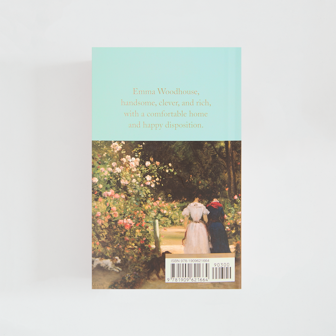 Trasera del libro Emma de Jane Austen (The Collector's Library) de color celeste acompañada de imagen inspirada en la novela.
