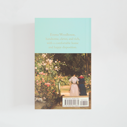 Trasera del libro Emma de Jane Austen (The Collector's Library) de color celeste acompañada de imagen inspirada en la novela.