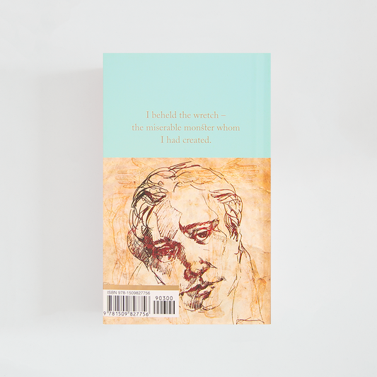 Trasera del libro Frankenstein de Mary Shelley (The Collector's Library) de color celeste acompañada de imagen inspirada en la novela.