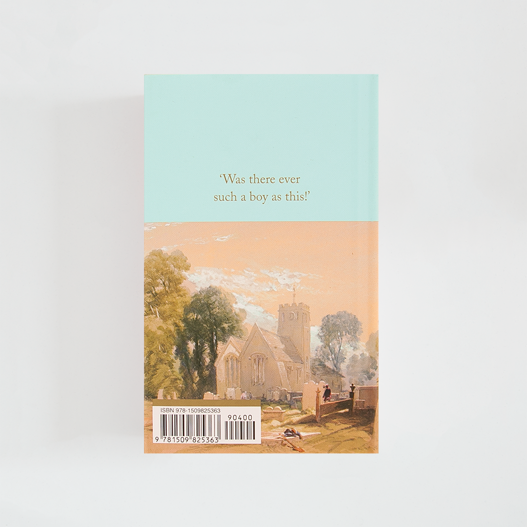 Trasera del libro Great Expectations de Charles Dickens (The Collector's Library) de color celeste acompañada de imagen inspirada en la novela.