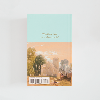 Trasera del libro Great Expectations de Charles Dickens (The Collector's Library) de color celeste acompañada de imagen inspirada en la novela.