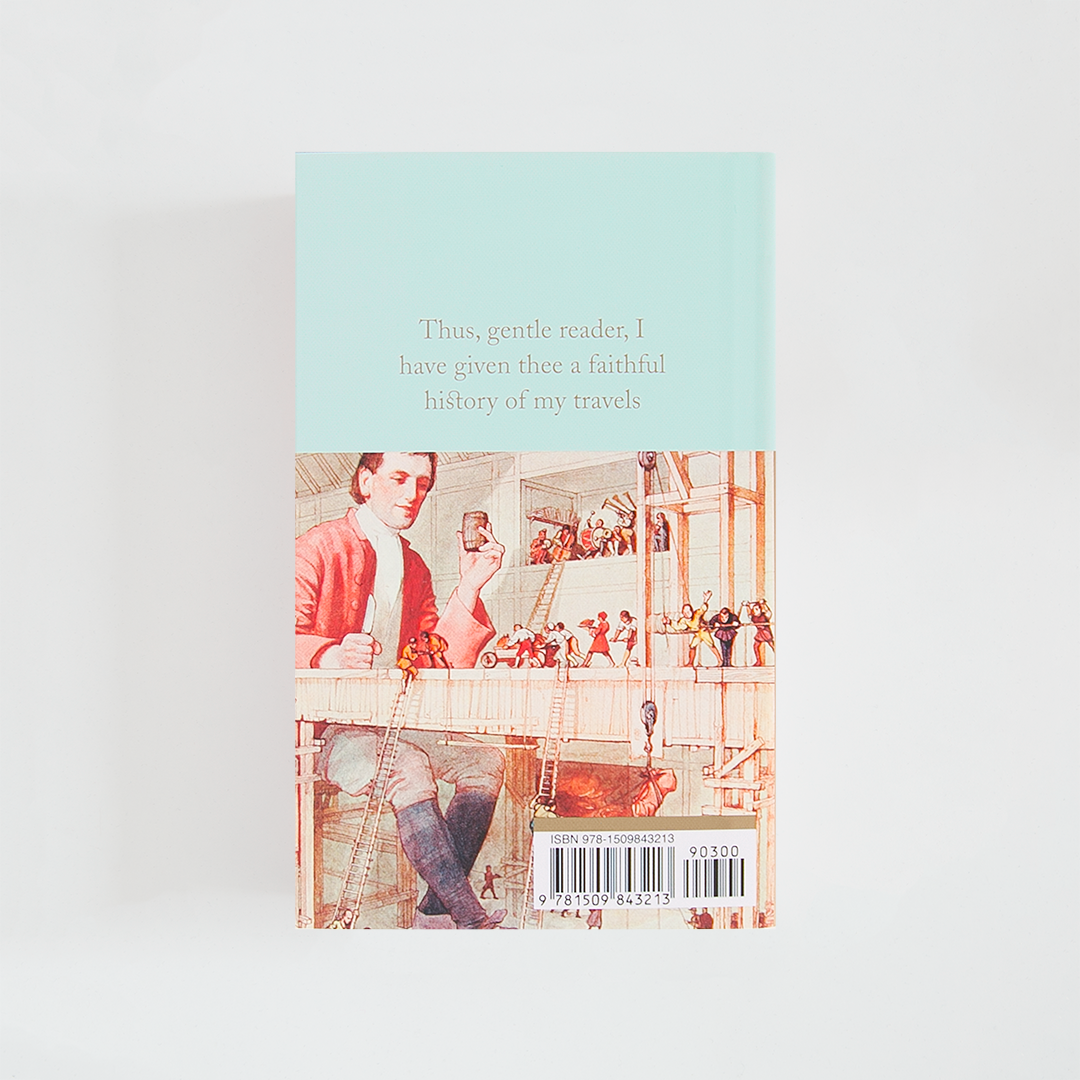 Trasera del libro Gulliver's Travels de Jonathan Swift (The Collector's Library) de color celeste acompañada de imagen inspirada en la novela.