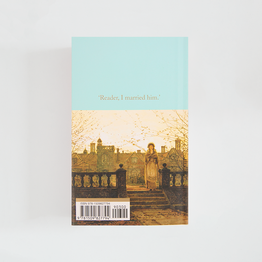 Trasera del libro Jane Eyre de Charlotte Brontë (The Collector's Library) de color celeste acompañada de imagen inspirada en la novela.