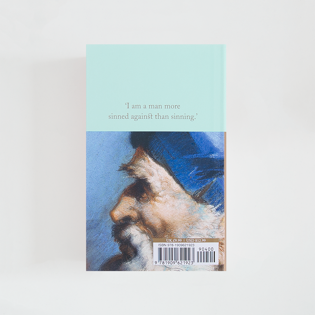 Trasera del libro King Lear de William Shakespeare (The Collector's Library) de color celeste acompañada de imagen inspirada en la novela.