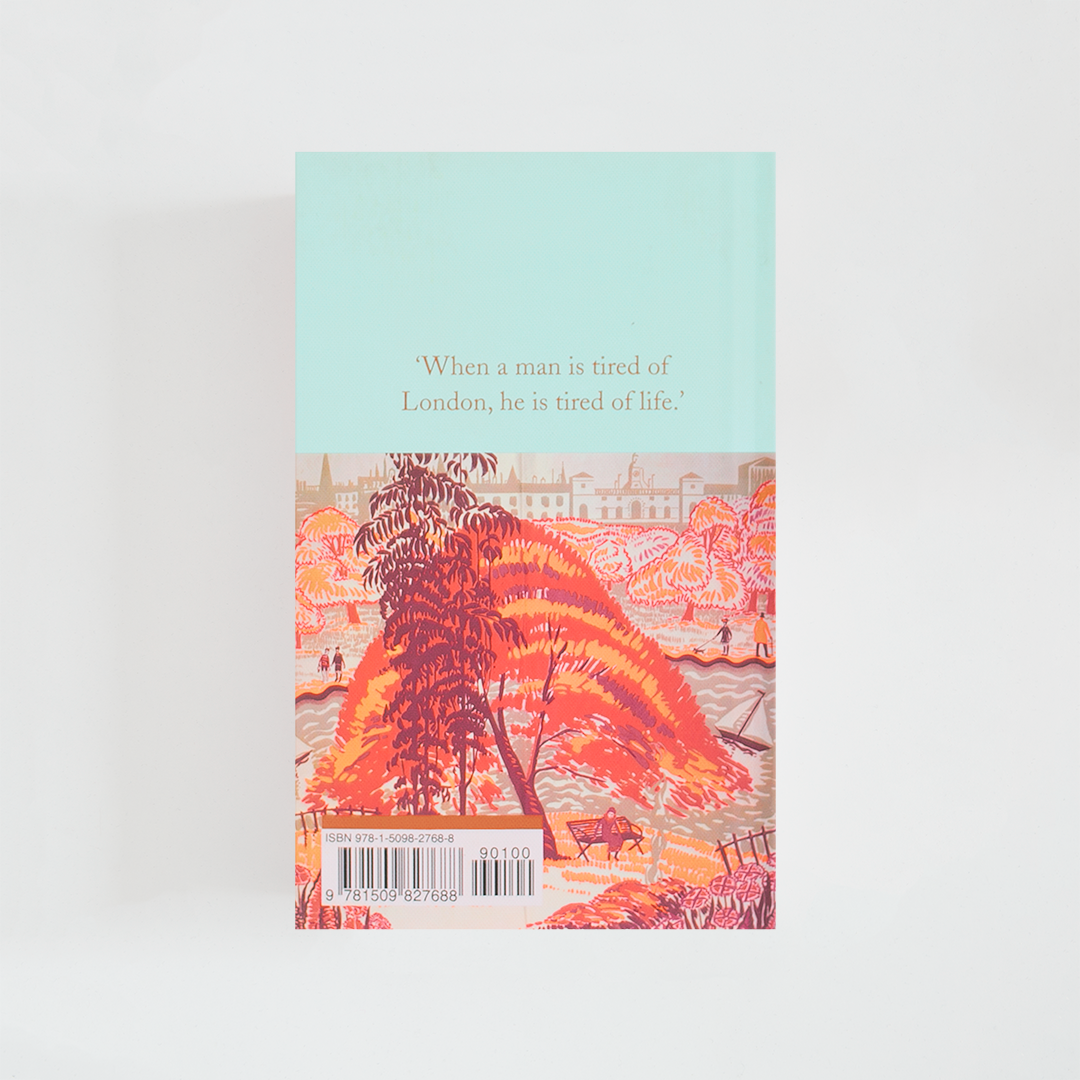 Trasera del libro London: An Illustrated Literary Companion de Rosemary Gray (The Collector's Library) de color celeste acompañada de imagen inspirada en la novela.