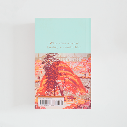 Trasera del libro London: An Illustrated Literary Companion de Rosemary Gray (The Collector's Library) de color celeste acompañada de imagen inspirada en la novela.