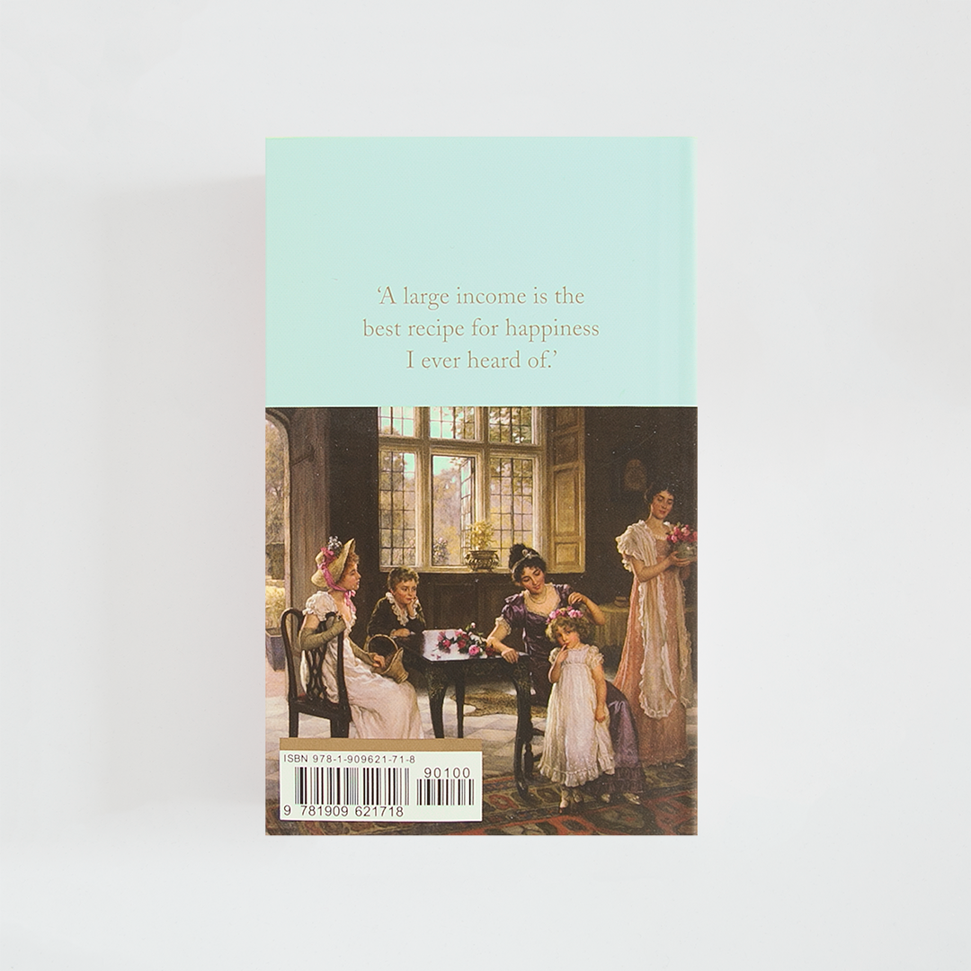 Trasera del libro Mansfield Park de Jane Austen (The Collector's Library) de color celeste acompañada de imagen inspirada en la novela.