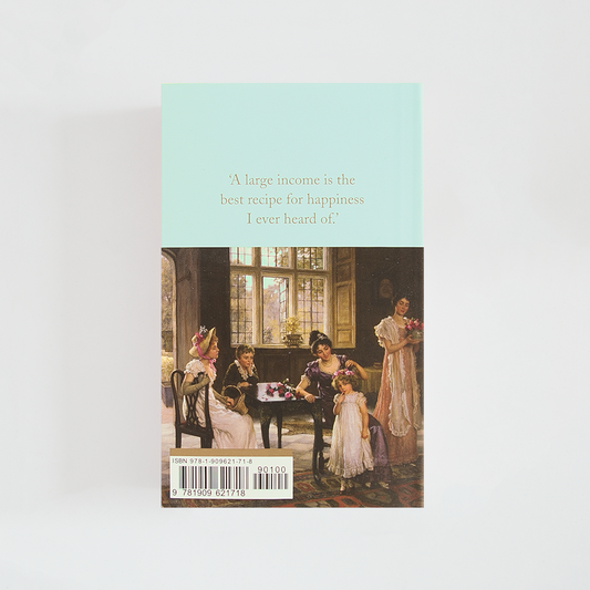 Trasera del libro Mansfield Park de Jane Austen (The Collector's Library) de color celeste acompañada de imagen inspirada en la novela.