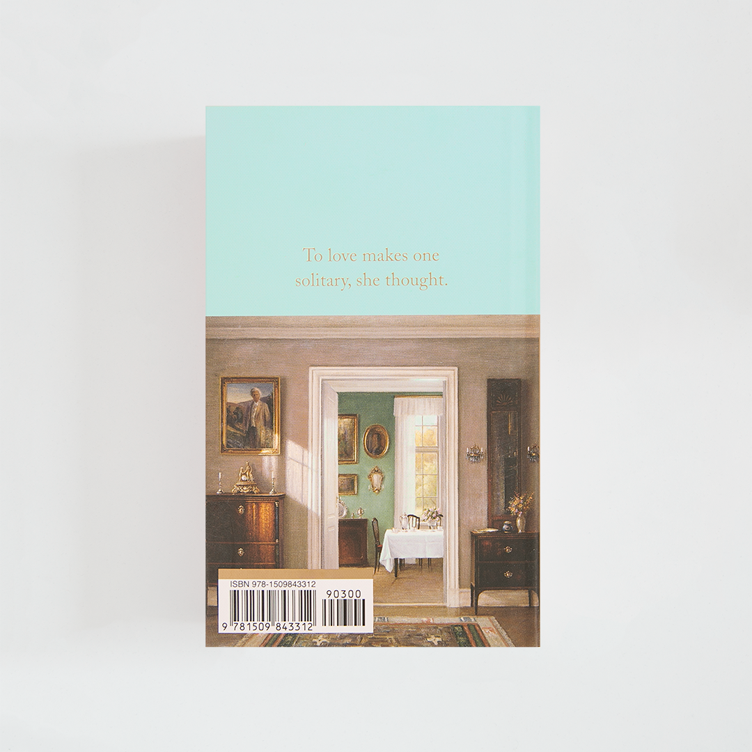 Trasera del libro Mrs Dalloway de Virginia Woolf (The Collector's Library) de color celeste acompañada de imagen inspirada en la novela.