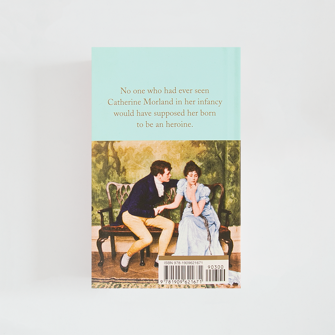 Trasera del libro Northanger Abbey de Jane Austen (The Collector's Library) de color celeste acompañada de imagen inspirada en la novela.