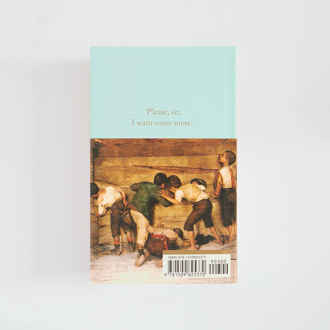 Trasera del libro Oliver Twist de Charles Dickens (The Collector's Library) de color celeste acompañada de imagen inspirada en la novela.