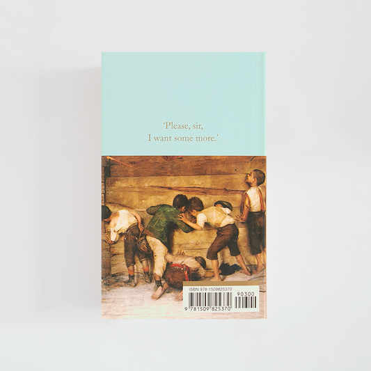 Trasera del libro Oliver Twist de Charles Dickens (The Collector's Library) de color celeste acompañada de imagen inspirada en la novela.