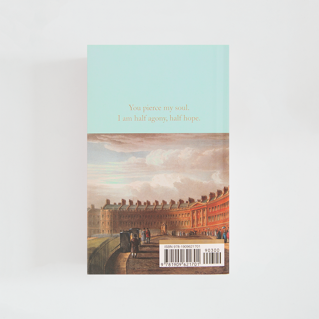 Trasera del libro Persuasion de Jane Austen (The Collector's Library) de color celeste acompañada de imagen inspirada en la novela.