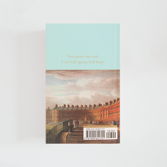 Trasera del libro Persuasion de Jane Austen (The Collector's Library) de color celeste acompañada de imagen inspirada en la novela.