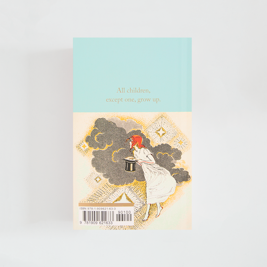 Trasera del libro Peter Pan de J. M. Barrie (The Collector's Library) de color celeste acompañada de imagen inspirada en la novela.