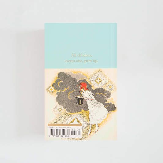 Trasera del libro Peter Pan de J. M. Barrie (The Collector's Library) de color celeste acompañada de imagen inspirada en la novela.