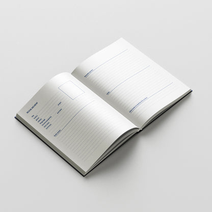 Reading Journal abierto en una ficha de reseña de libro, con espacios para datos de la lectura, citas favoritas y notas.