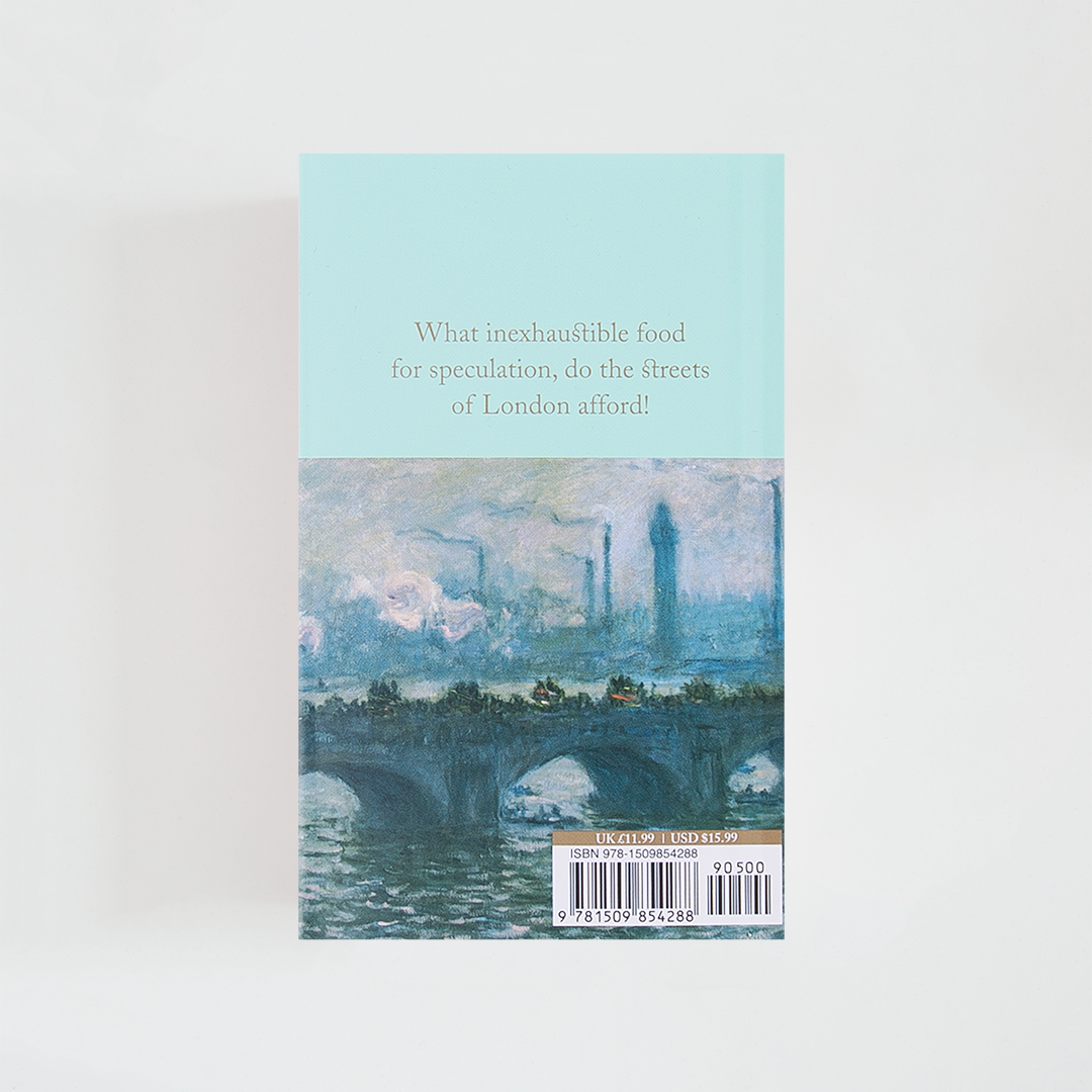 Trasera del libro Scenes of London Life de Charles Dickens (The Collector's Library) de color celeste acompañada de imagen inspirada en la novela.