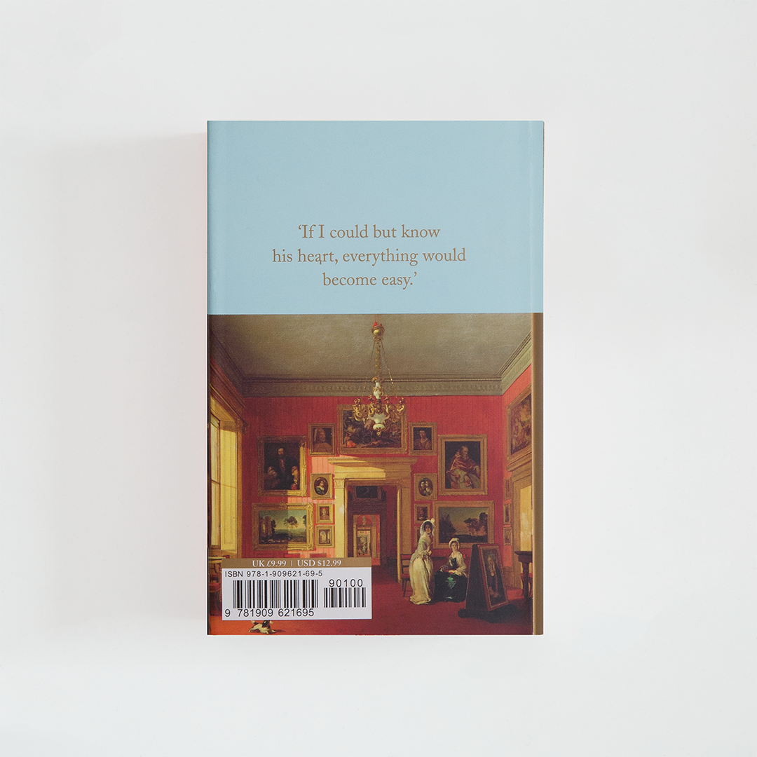 Trasera del libro Sense and Sensibility de Jane Austen (The Collector's Library) de color celeste acompañada de imagen inspirada en la novela.