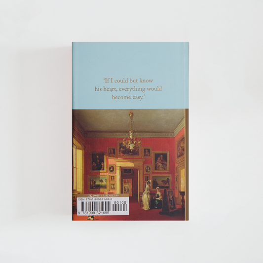 Trasera del libro Sense and Sensibility de Jane Austen (The Collector's Library) de color celeste acompañada de imagen inspirada en la novela.