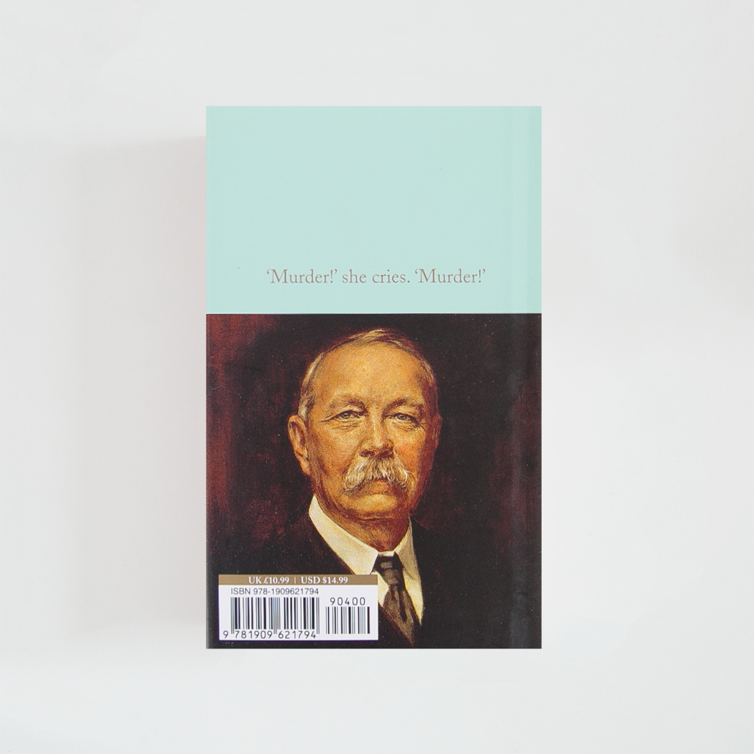Trasera del libro Sherlock Holmes: The Dark Mysteries de Arthur Conan Doyle (The Collector's Library) de color celeste acompañada de imagen inspirada en la novela.