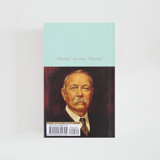 Trasera del libro Sherlock Holmes: The Dark Mysteries de Arthur Conan Doyle (The Collector's Library) de color celeste acompañada de imagen inspirada en la novela.