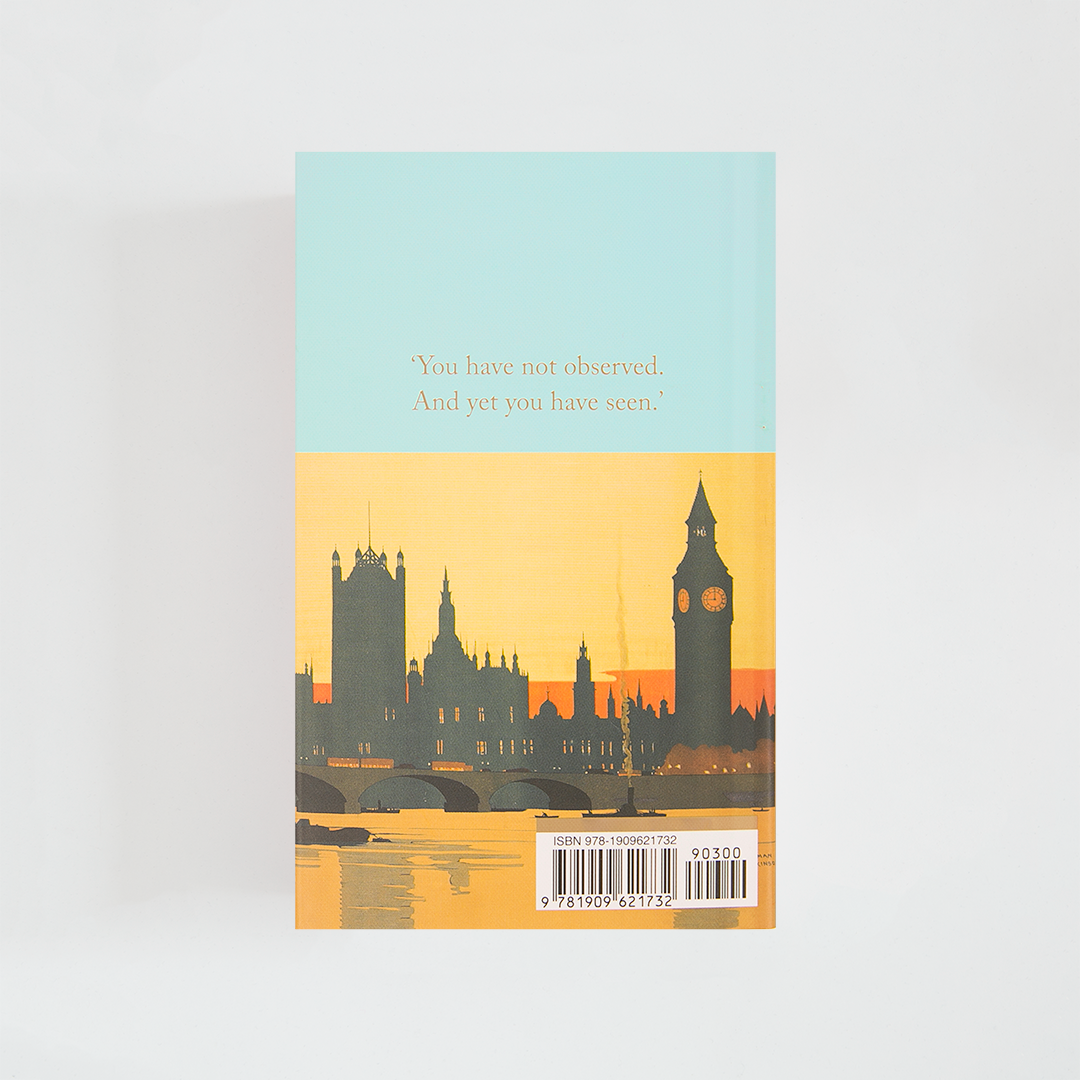 Trasera del libro The Adventures of Sherlock Holmes de Arthur Conan Doyle (The Collector's Library) de color celeste acompañada de imagen inspirada en la novela.