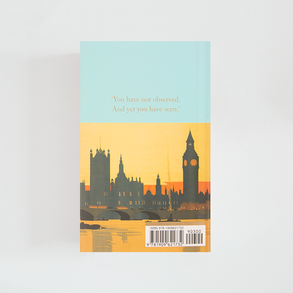 Trasera del libro The Adventures of Sherlock Holmes de Arthur Conan Doyle (The Collector's Library) de color celeste acompañada de imagen inspirada en la novela.