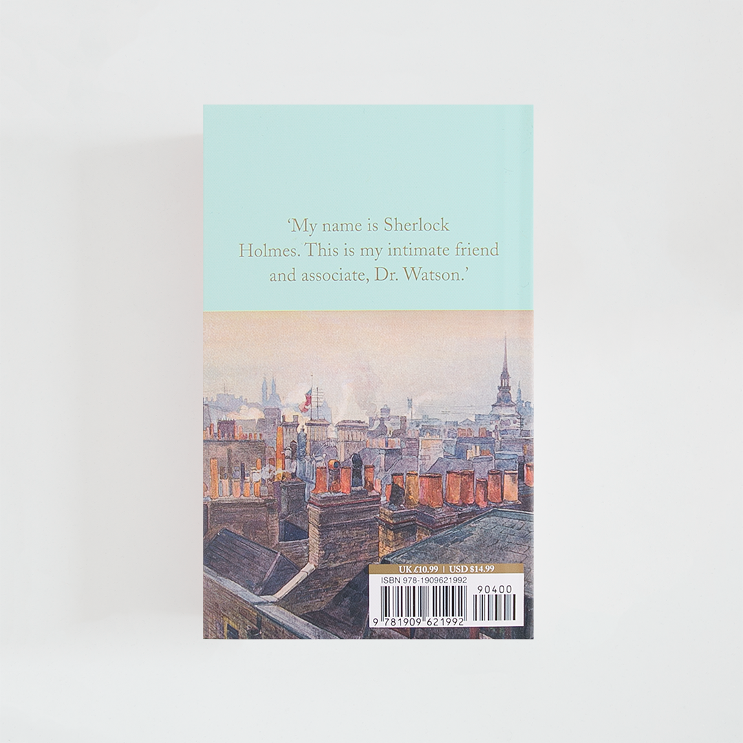 Trasera del libro The Best of Sherlock Holmes de Arthur Conan Doyle (The Collector's Library) de color celeste acompañada de imagen inspirada en la novela.