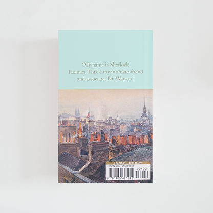 Trasera del libro The Best of Sherlock Holmes de Arthur Conan Doyle (The Collector's Library) de color celeste acompañada de imagen inspirada en la novela.