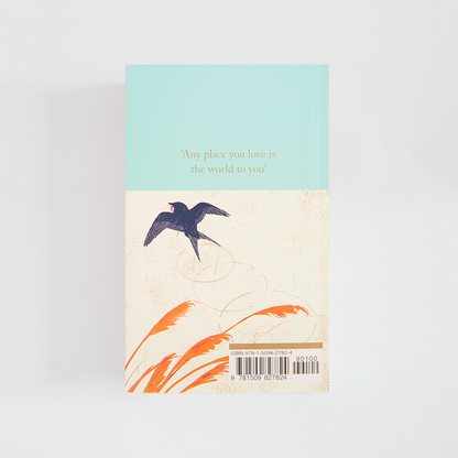 Trasera del libro The Happy Prince de Oscar Wilde (The Collector's Library) de color celeste acompañada de imagen inspirada en la novela.