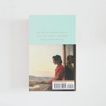 Trasera del libro The Portrait of a Lady de Henry James (The Collector's Library) de color celeste acompañada de imagen inspirada en la novela.