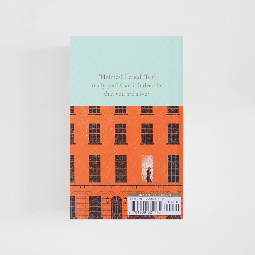 Portada del libro The Return of Sherlock Holmes de Arthur Conan Doyle (The Collector's Library) de color celeste acompañada de imagen inspirada en la novela.