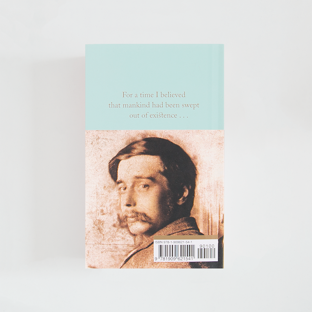 Trasera del libro The War of the Worlds de H. G. Wells (The Collector's Library) de color celeste acompañada de imagen inspirada en la novela.