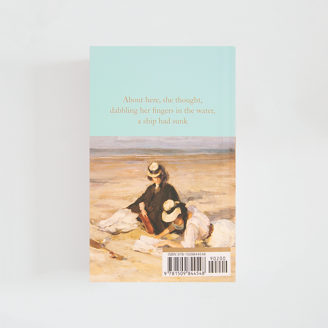 Trasera del libro To the Lighthouse de Virginia Woolf (The Collector's Library) de color celeste acompañada de imagen inspirada en la novela.