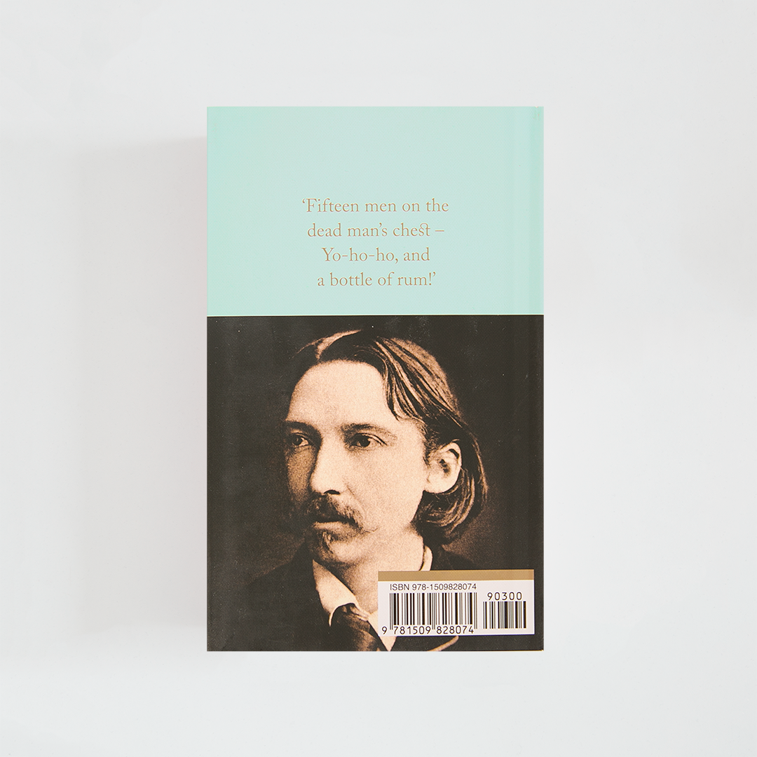 Trasera del libro Treasure Island de Robert Louis Stevenson (The Collector's Library) de color celeste acompañada de imagen inspirada en la novela.