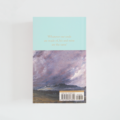 Trasera del libro Wuthering Heights de Emily Brontë (The Collector's Library) de color celeste acompañada de imagen inspirada en la novela.