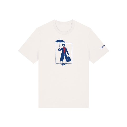 Camiseta blanca de manga corta con ilustración frontal de Mary Poppins en azul y rojo, sosteniendo su paraguas y su bolso, y pequeño logotipo azul en la manga.