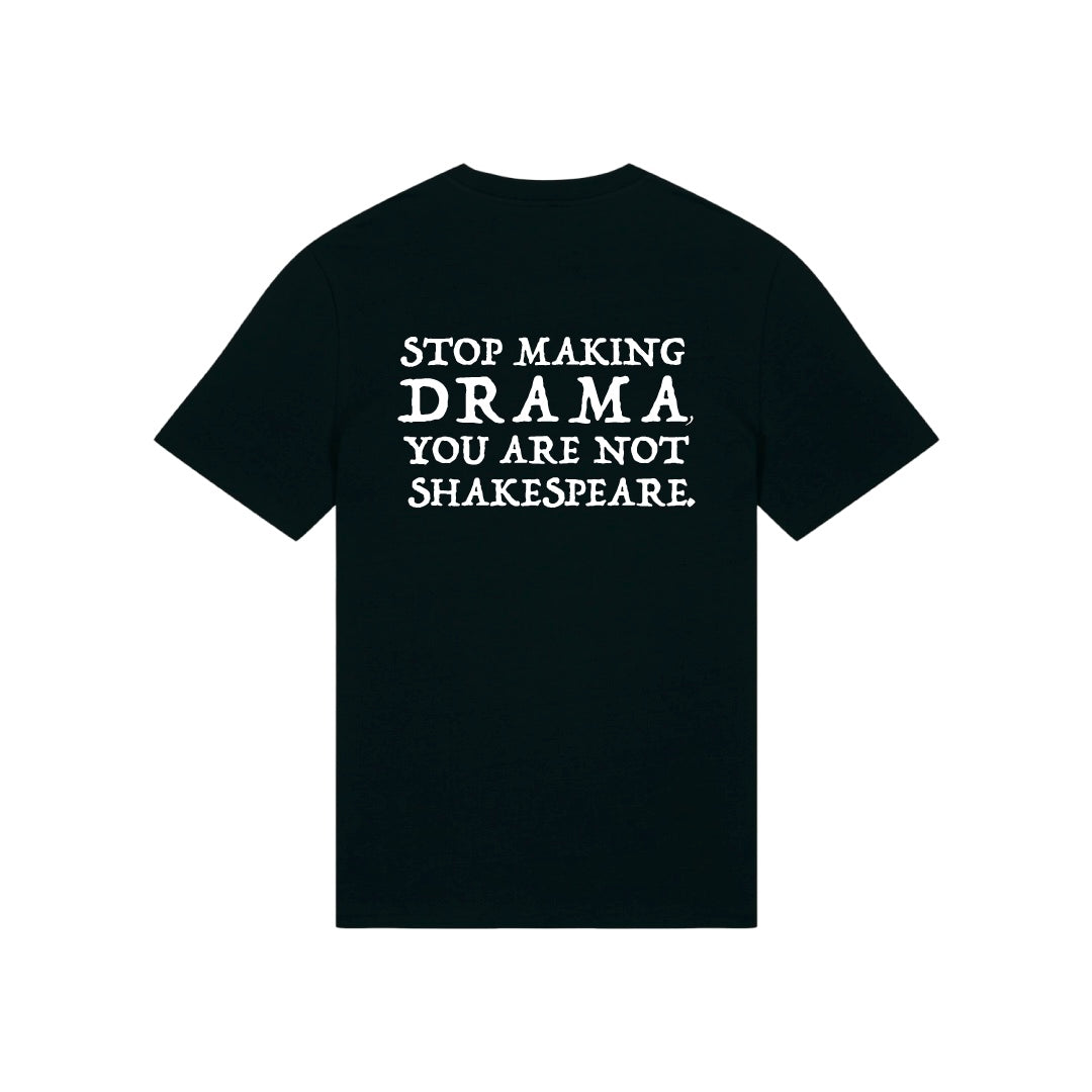 Parte trasera de la sudadera negra con bordado Stop making drama you are not Shakespeare en blanco de la marca Superbritánico.