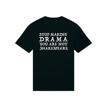 Parte trasera de la sudadera negra con bordado Stop making drama you are not Shakespeare en blanco de la marca Superbritánico.