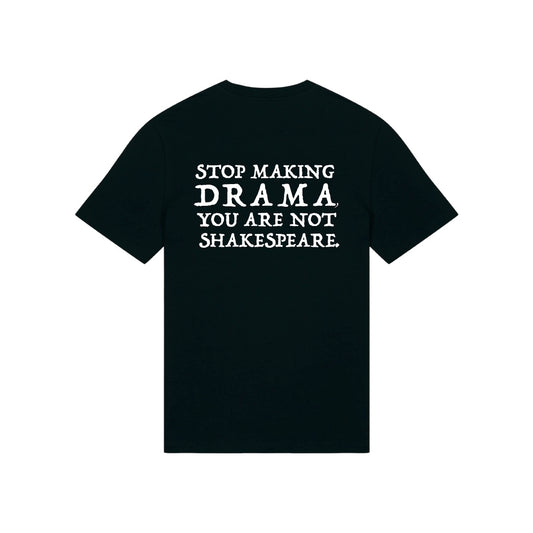 Parte trasera de la sudadera negra con bordado Stop making drama you are not Shakespeare en blanco de la marca Superbritánico.
