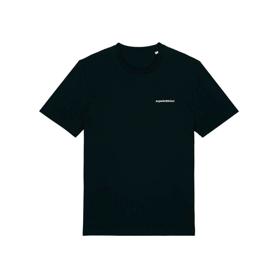 Parte delantera de la sudadera negra Stop making drama you are not Shakespeare con bordado blanco del logo de Superbritánico.