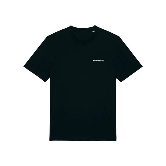 Parte delantera de la sudadera negra Stop making drama you are not Shakespeare con bordado blanco del logo de Superbritánico.