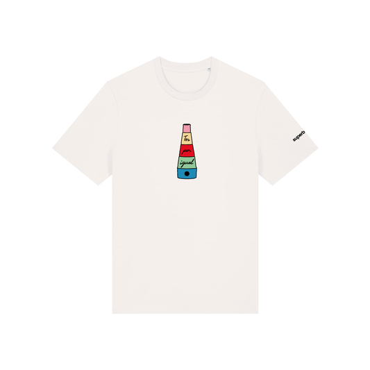 Camiseta beige con incensario de colores y frase Tos por igual.