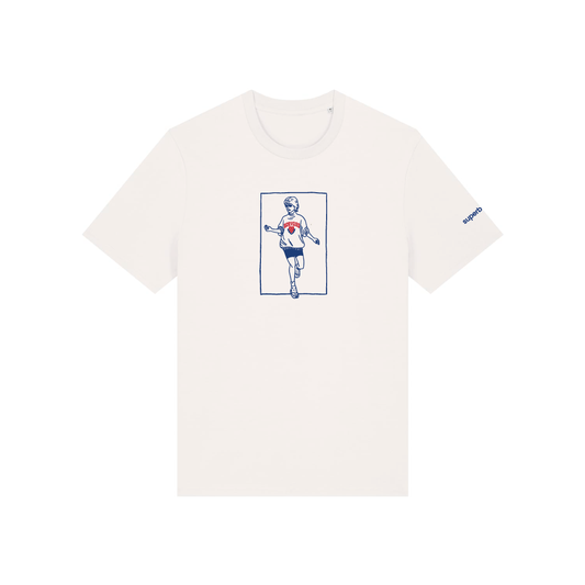 Camiseta blanca con ilustración azul y roja de Diana corriendo por Londres con la sudadera Harvard.