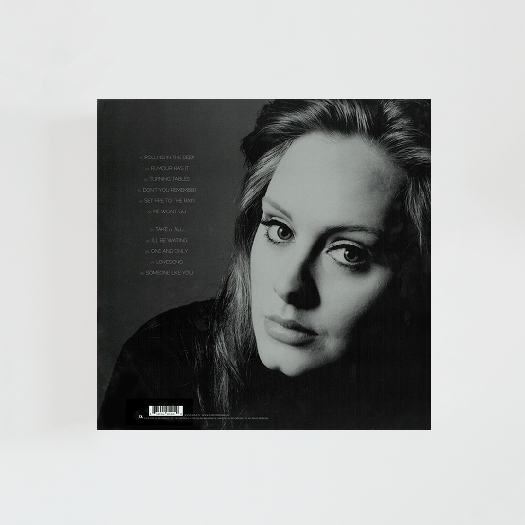Contraportada del vinilo 21 de Adele, mostrando el listado de canciones y créditos del álbum de pop y soul británico de 2011.