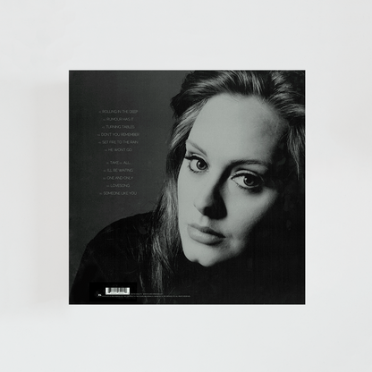 Contraportada del vinilo 21 de Adele, mostrando el listado de canciones y créditos del álbum de pop y soul británico de 2011.
