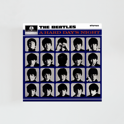 Portada del álbum “A Hard Day’s Night” de The Beatles, con un mosaico azul formado por dieciséis fotografías en blanco y negro de los cuatro miembros del grupo.