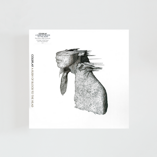 Portada del álbum A Rush of Blood to the Head de Coldplay, con una fotografía en blanco y negro de una escultura clásica de un busto humano sobre fondo negro, de estética minimalista y atmosférica.