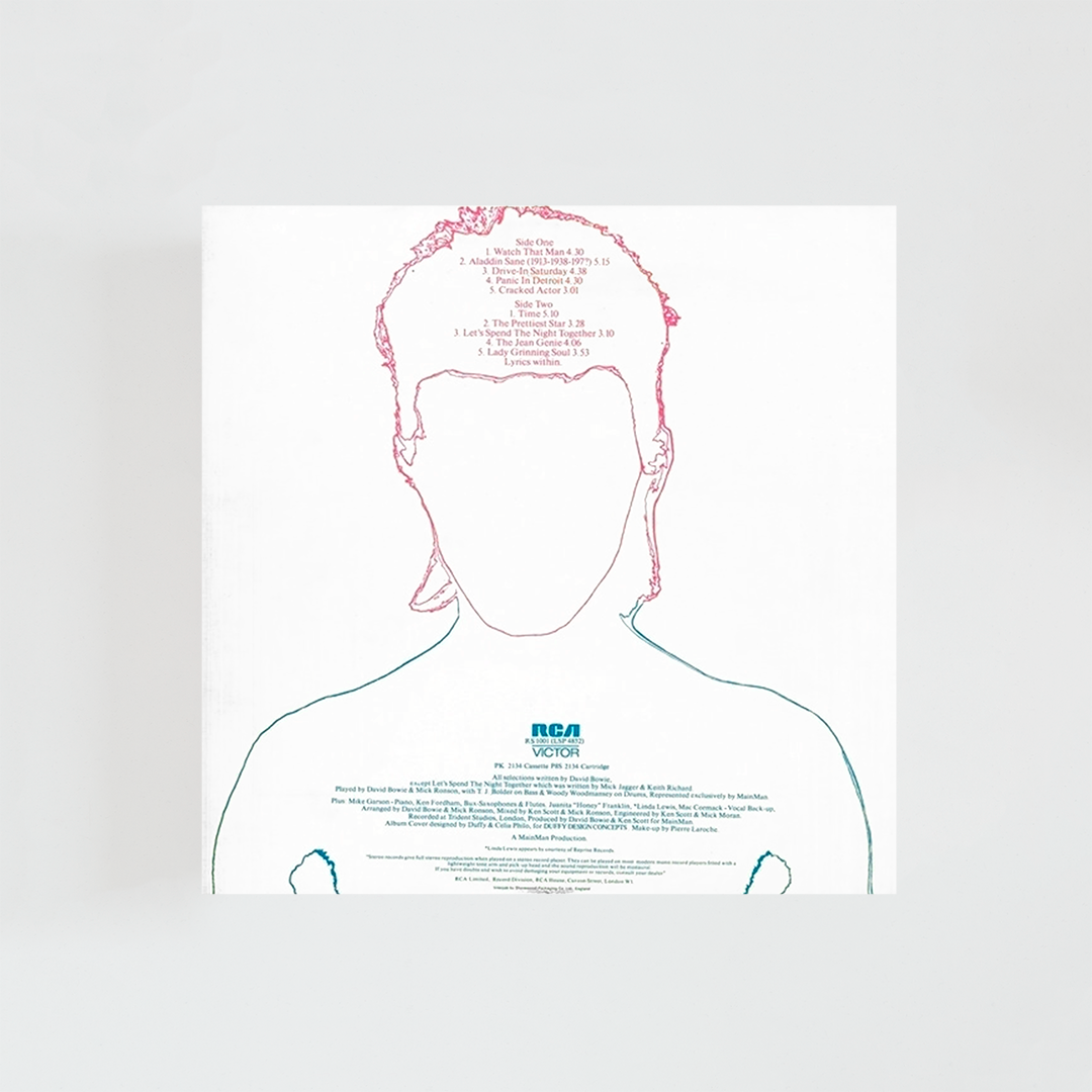 Contraportada del álbum “Aladdin Sane” de David Bowie, con el retrato posterior del artista mostrando la silueta sobre fondo blanco, acompañado del listado de canciones y créditos del disco.